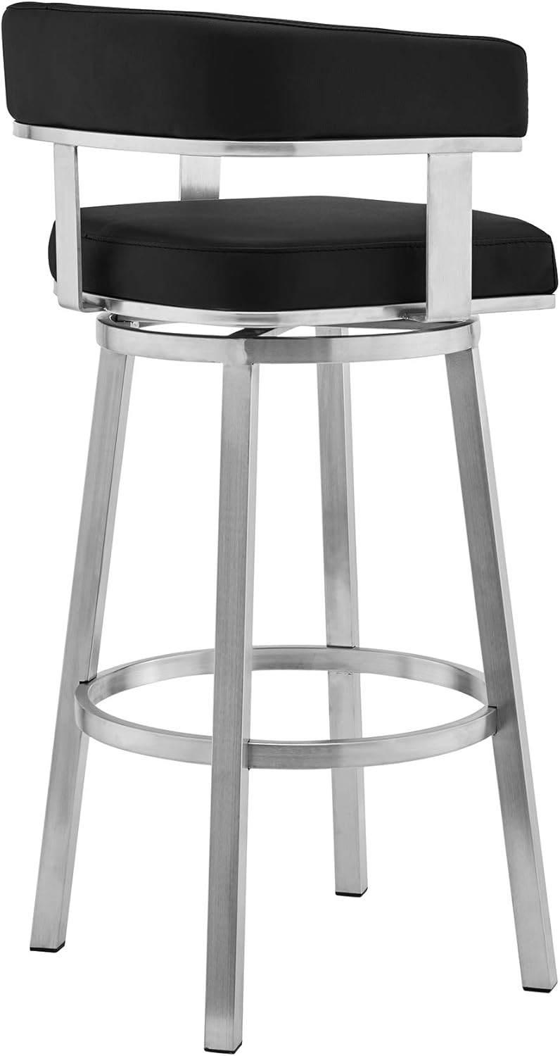 Armen Living Cohen 26" Black Faux Leather and Brushed Stainless Steel Swivel Bar Stool