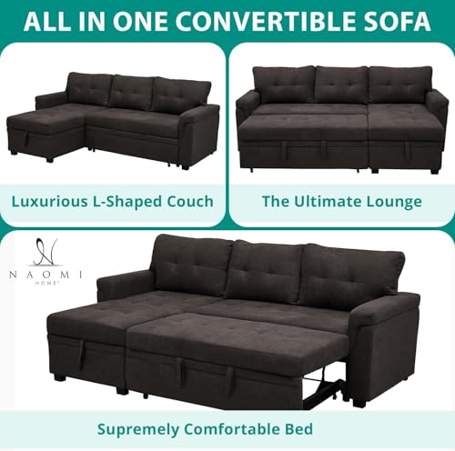 Naomi Home Jenny Sectional Sofa Sleeper with Storage Chaise, Tufted Pull Out Couch with Storage, L-Shaped Reversible Sleeper Sofa with Storage, Black,Air Leather