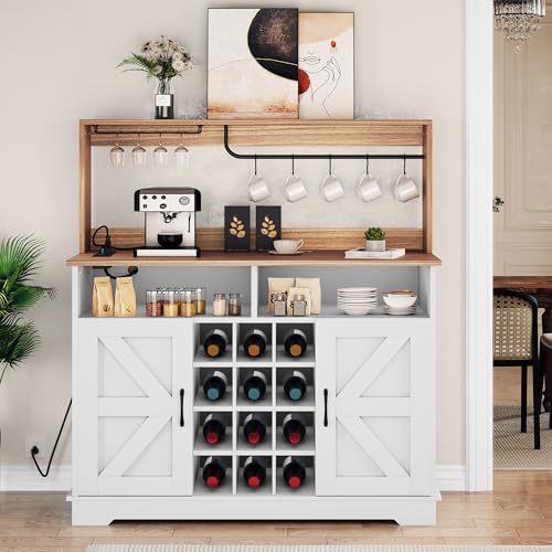 YITAHOME 47" Farmhouse Buffet Cabinet with Storage, Coffee Bar Cabinet with Power Outlet & Goblet Holder, Sideboard Cabinet for Kitchen, Living Room (Black Oak)