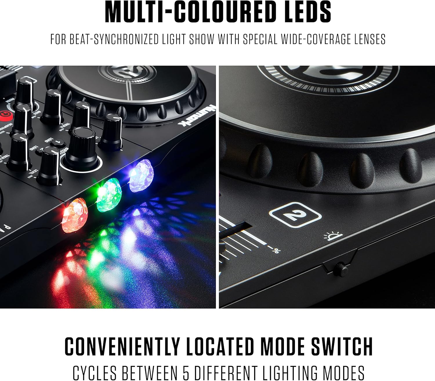 Beginner DJ Set - Numark DJ Controller and DJ Headphones plus M-Audio DJ Monitor Speakers with Serato DJ Lite and Party Lights