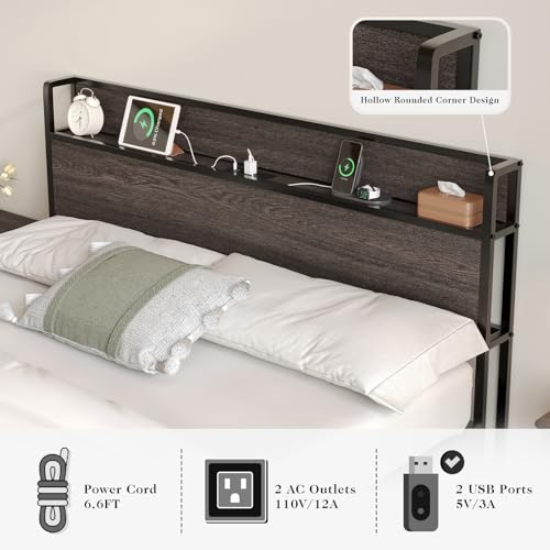 Albott Full Size Bed Frame with Lift Up Storage, Wooden Platform Bed Frame with Storage Headboard ＆ Charging Station, No Spring Box Needed/Noise Free, Rustic Brown