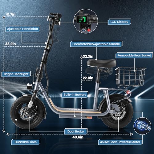 Caroma Peak 800W/1200W Electric Scooter Adults, 30 Miles Max Range, Foldable Electric Scooter with Seat, Front Suspension, Detachable Large Basket,Commuter E-Scooter for Adult and Teens