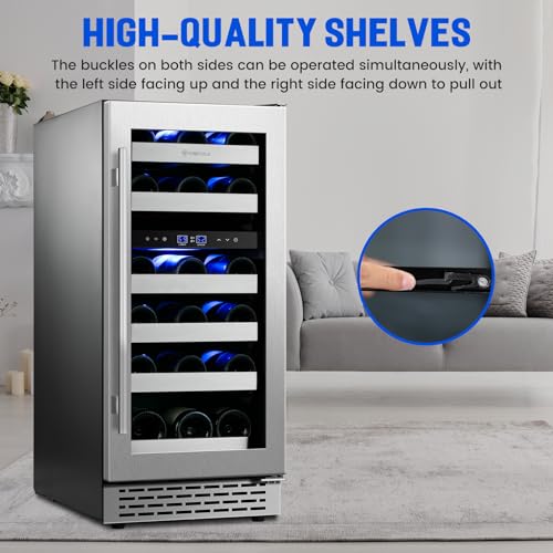 15" Wine Cooler Refrigerator Dual Zone-28 Bottle Capacity, Seamless Reversible Doors, Shelves Stainless Steel Edged, Built-in or Freestanding Wine Cooler for Home and Kitchen