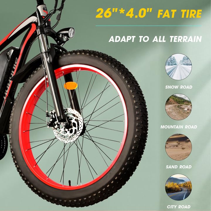 Electric Mountain Bike 26'' Fat Tire Electric Bicycle with 750W Motor and Shimano 21-Speed for Adults, 48V 13Ah Lithium Battery, All-Terrain Fat Tires, 26'' Wheel Size