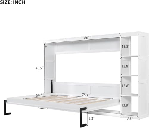 Full Murphy Bed with Storage Shelves,Wood Murphy Bed Cabinet with Storage Bookcase,Fold Up Bed Modern Murphy Wall Bed Full Size (White,Full)