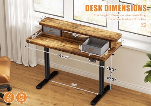 Electric Standing Desk with Dual Drawers, 48" x 24" Height Adjustable Desk Sit Stand Desk with Memory Controller, Casters & 2 Hooks, Low Noise Home Office Desk, Rustic Brown