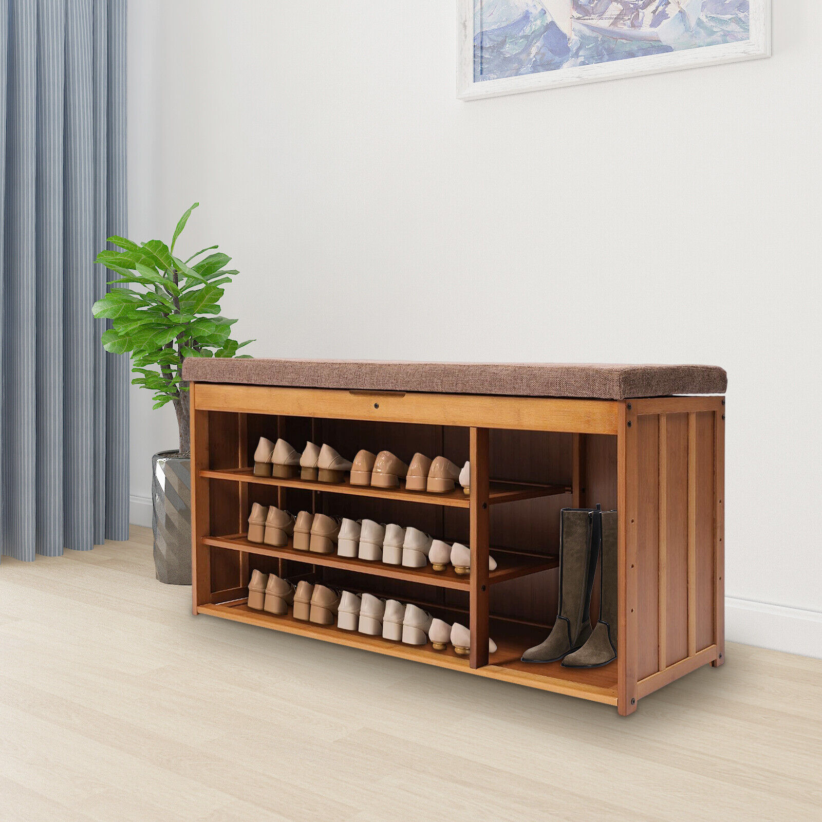 3 Tier Brown Shoe Bench Bamboo Shoe Rack Storage Cabinet Organizer W/Cushion for Entryway Bedroom