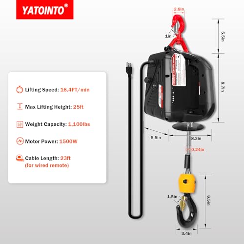 2 in 1 Electric Hoist Winch, 1100lbs Portable Electric Power Winch w/Wire Remote Control, 110V Electric Hoist Crane, Overload Protection 25ft Lifting Height for Towing