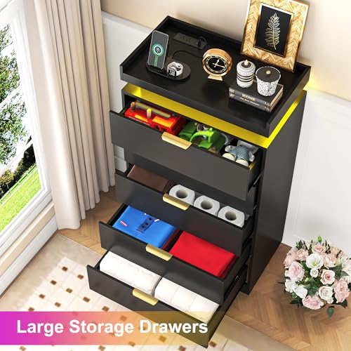 White Dresser with LED Lights, Wooden LED Dresser, 4 Drawer Chest with Charging Station, Tall Chest of Drawer Closet Organizer for Bedroom, Living Room, Entryway, Hallway