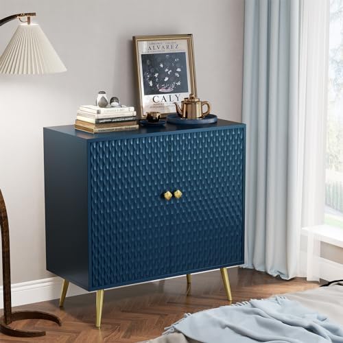 Buffet Cabinet with Storage, Blue Accent Cabinet with Carved Texture, Sideboard Buffet Cabinet with 2 Doors and Shelves, Modern Credenza Storage Cabinet for Living Room