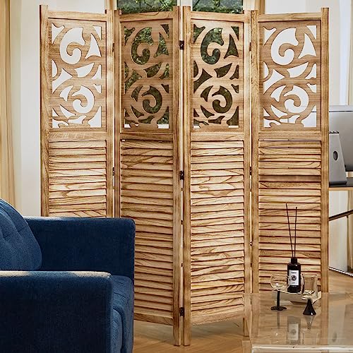 Room Divider Wood Carved Wall Divider Indoor Folding Portable Partition Screen for Home Office Garden Terrace - 6 Panel, 67 * 90inch (Dark Brown)