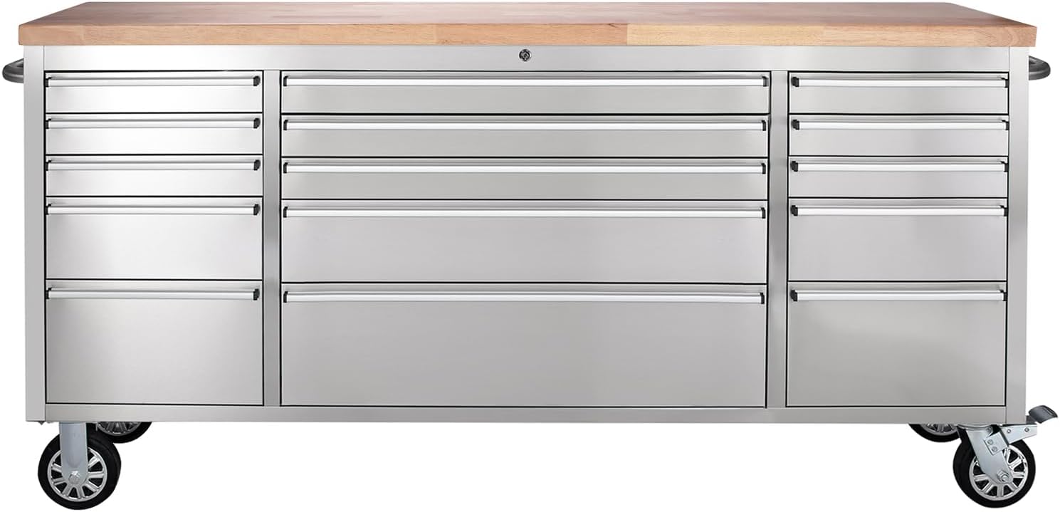 72-inch Stainless Steel Rolling Tool Chest with 15 Drawers, Lockable Mobile Storage Cabinet for Garage, Workshop, and Home
