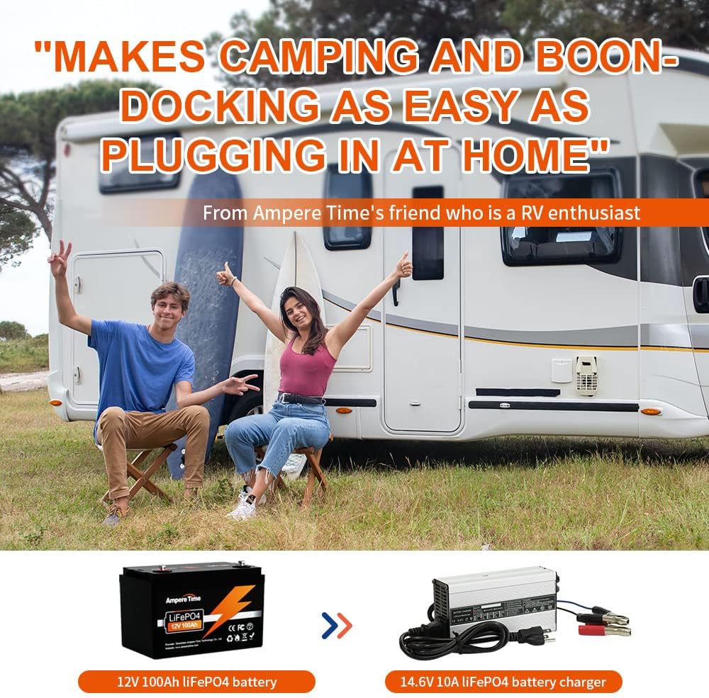 Ampere Time 12V 100Ah LiFePO4 Battery with 14.6V 10A Dedicated Lithium Battery Charger; Built-in 100A BMS, 4000+ Cycles, for RV, Solar, Marine, Overland, Off-Grid Application…
