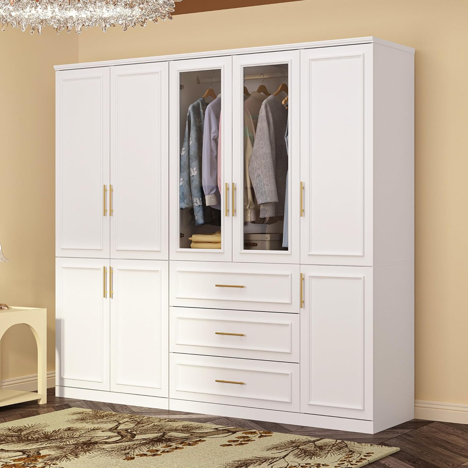 ECACAD Extra Wide Wardrobe Armoire with 8 Doors, Drawers, Storage Shelves & Hanging Rods, Wooden Closet Storage Cabinet for Bedroom, White (79.1”W x 19.3”D x 74.8”H)