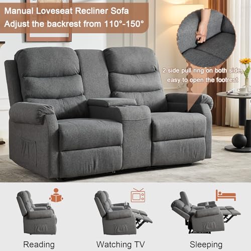 Reclining Loveseat, Manual Loveseat Recliner Sofa, RV Theater Seating with Storage Console, Double Wall Hugger Recliners 2 Seater with Cup Holders for Living Room (Grey)