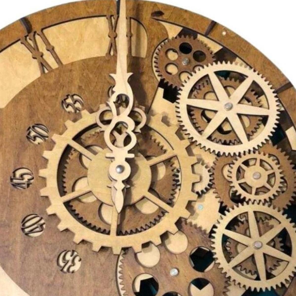 15 Inch Industrial Steampunk Wall Clock, Rustic Farmhouse Style, Retro Mechanical, Moving Gears, Wood, 3D Minimalist Skeleton, Antique Vintage Roman & Arabic Numerals, Battery Powered