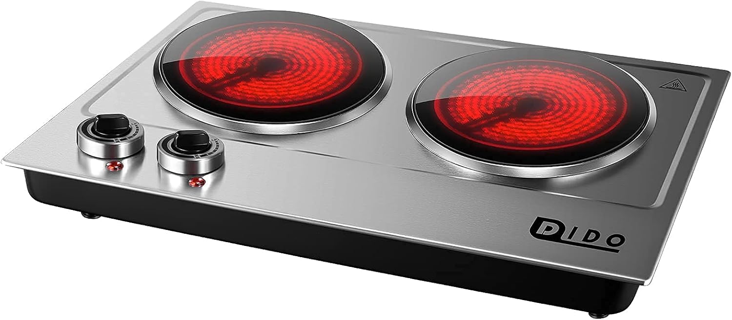 DIDO 1800W Hot Plate, Portable Electric Stove Countertop Cast-Iron Double Burner with Adjustable Temperature& Anti-Slip Feet, Stainless Steel Cooktop for Home/Camp/RV, Compatible for All Cookwares