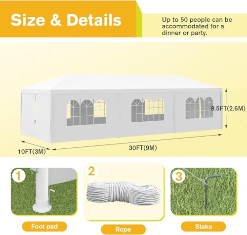 Devoko 10'x30' Heavy Duty White Party Tent - Waterproof Outdoor Wedding Canopy for Backyard, Patio & Events