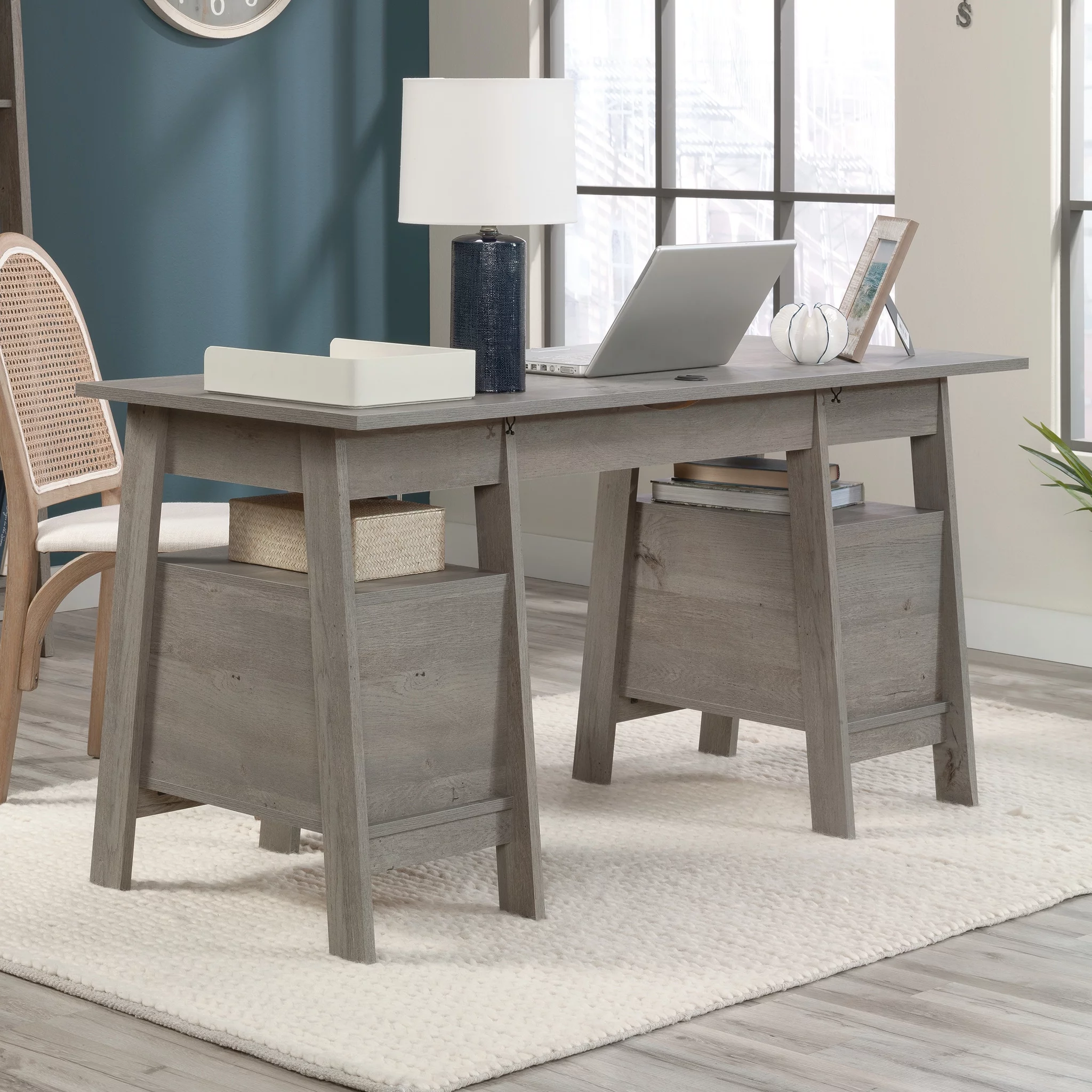 Sauder Trestle Executive Desk with Drawers, Mystic Oak Finish