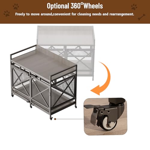 Large Dog Crate Furniture, 48 Inch Wooden Dog Kennel for XLarge Dogs, Heavy Duty Dogs Furniture Indoor Wire Dog Cage with Adjustable Feet & 360° Wheels, Decorative Pet House End Table, Grey