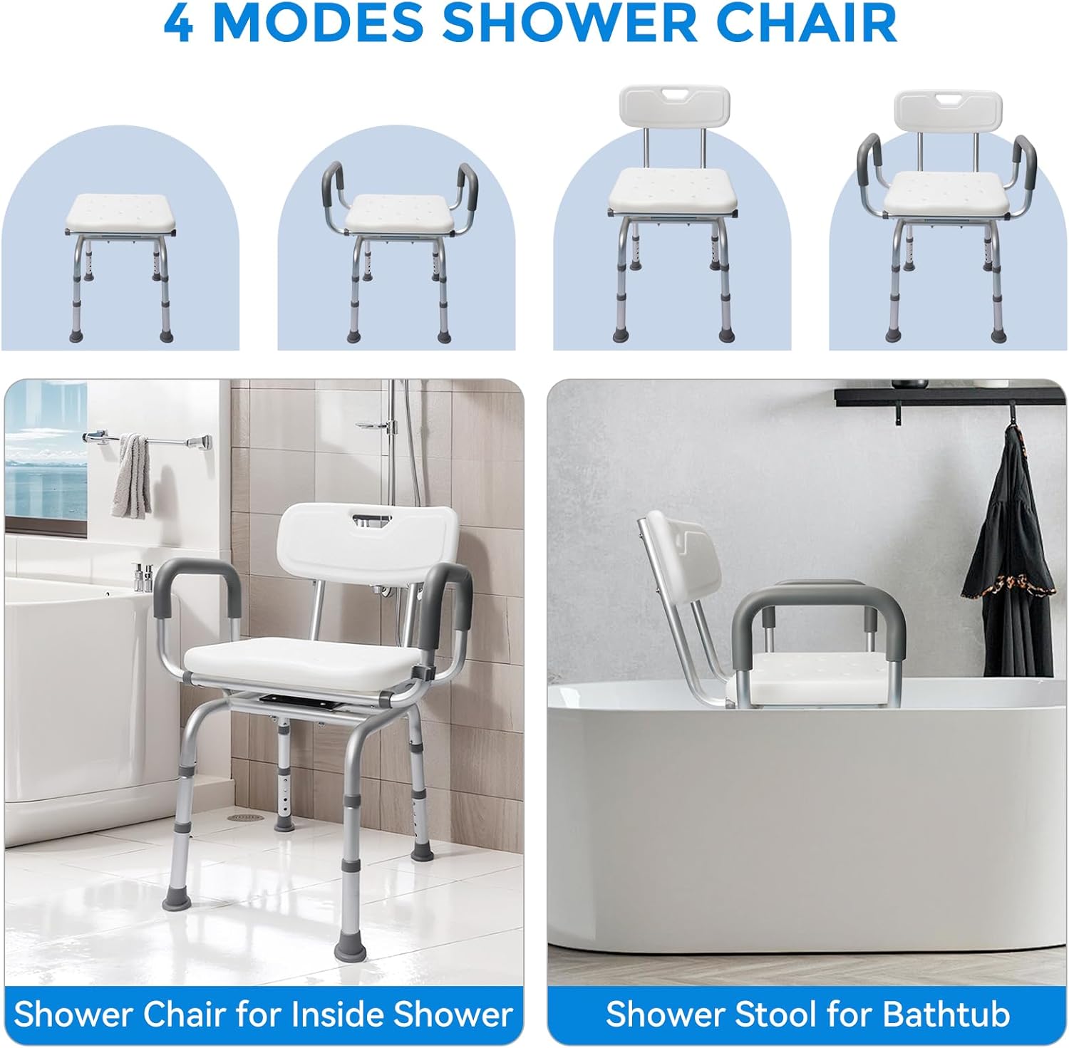 LUNYEE 360° Swivel Shower Chair for Elderly and Disabled Support 400lbs Non-Slip Sliding Shower Chair for Inside Shower with Bath Rug & Back Scrubber Bath Chairs for Seniors Tub with Arms and Back