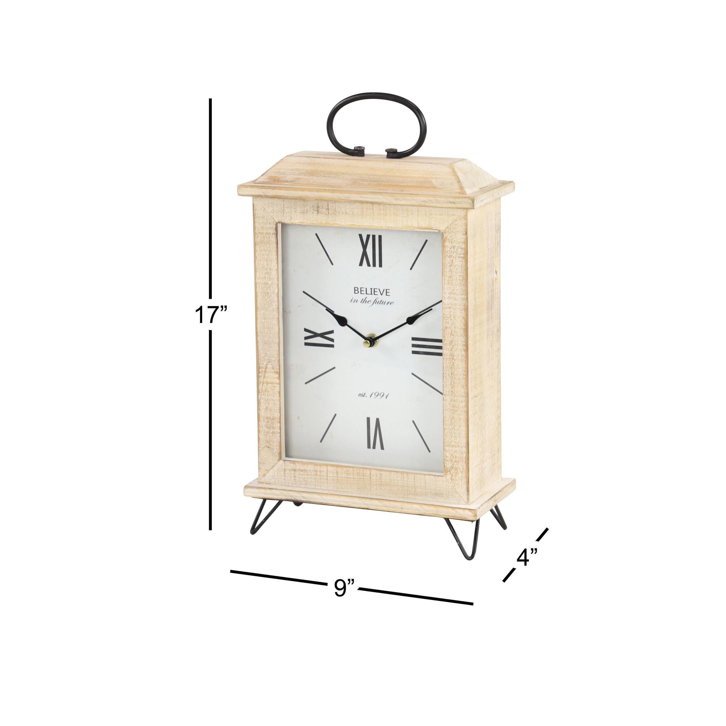 Rectangular Beige Farmhouse Style Wooden Table Clock w/ Whitewash Finish