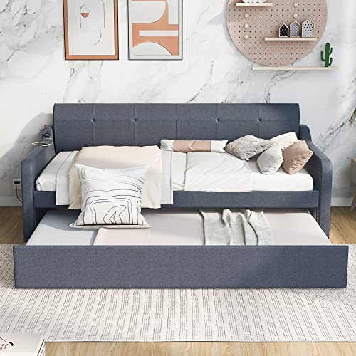 Harper & Bright Designs Twin Size Day Bed with Pop up Trundle Upholstered Day Beds with USB Charging, Wood Twin Bed Frame for Kids, Teens and Adults Trundle can be Flat or erected (Grey)