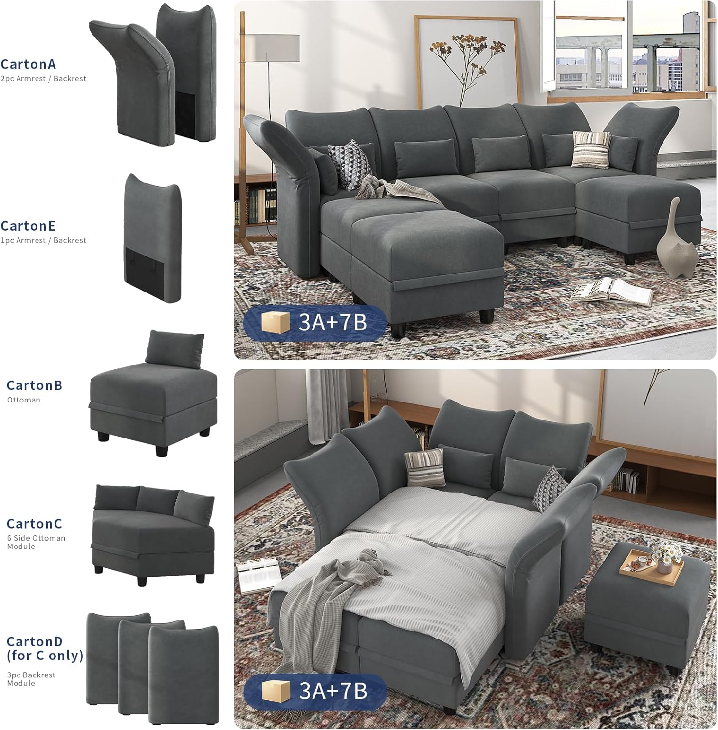 LLappuil Velvet Modular Sectional Sofa, 163.4" Oversized 8-Seater U Shaped Sectional Couch with Big Corner Ottoman, High Back Modular Couches with Storage Chaise for Living Room, Anti-Scratch Grey