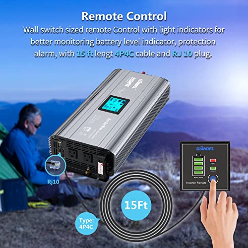 GIANDEL 2000W Pure Sine Wave Power Inverter FCC approved Low EMI DC 12V to AC 120V with a Hard Wire Terminal Block and Big LCD Display Wired Remote Controller for RV Truck Boat Solar System
