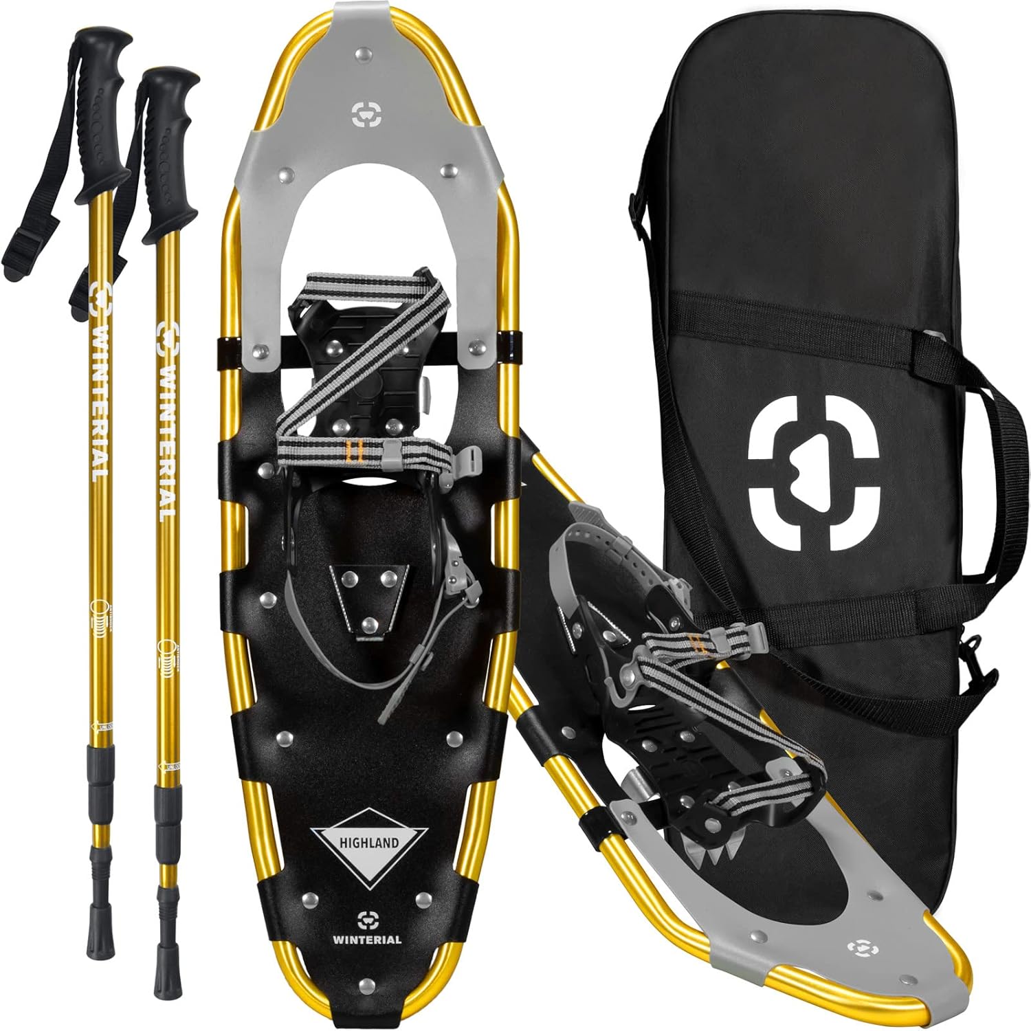 Winterial 25/30 Inch Light Weight Snow Shoes for Men, Women, Youth, Aluminum Rolling Terrain Snowshoes with Trekking Poles and Carry Bag (Blue/Gold)