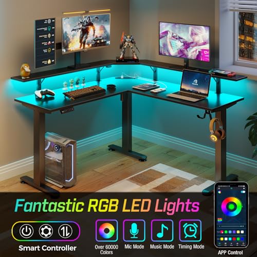 Rolanstar Standing Desk L Shaped with LED Light and Power Outlet, Electric Height Adjustable Desk with Monitor Stand, Sit Stand Up Desk, Computer Office Desk, Black