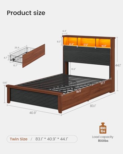 VIAGDO Wood Bed Frame Full Size with 4 Storage Drawers and Charging Station, Fluted Led Full Bed Frame with 2 Tier Storage Headboard, No Box Spring Needed,Wood