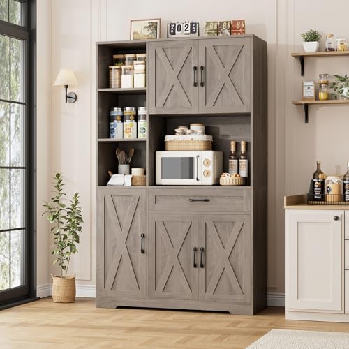 HOSTACK 71" Tall Kitchen Pantry Storage Cabinet, Farmhouse Food Pantry Cabinet with Microwave Stand, Barn Doors Kitchen Hutch with Large Drawer and Shelves for Dining Room, Ash Grey