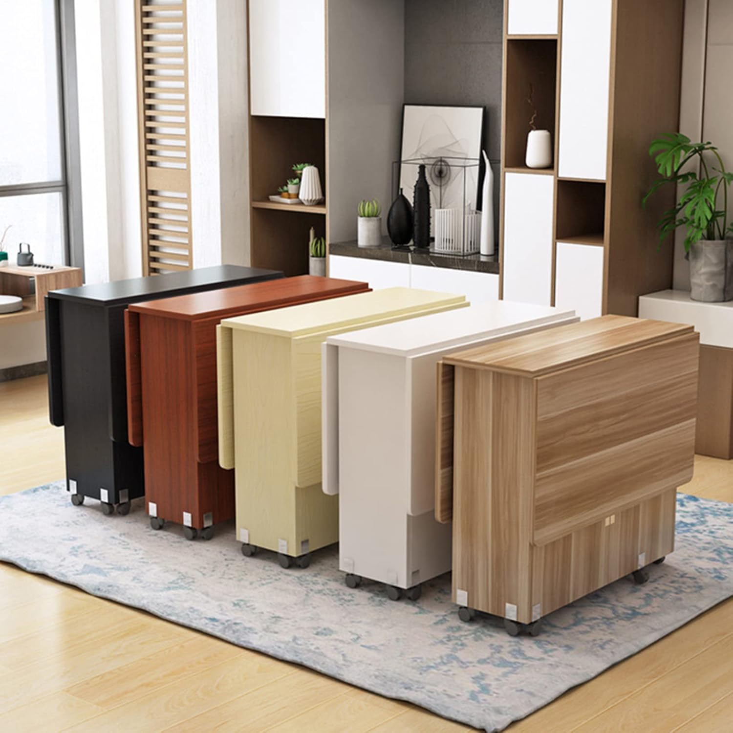Kitchen Dinner Table, Expandable Folding Dining Table with 6 Wheels, Rectangle Wood Drop Leaf Table, Round Edge Design, for Small Space Dining Table for Kitchen, Living Room,1.2m