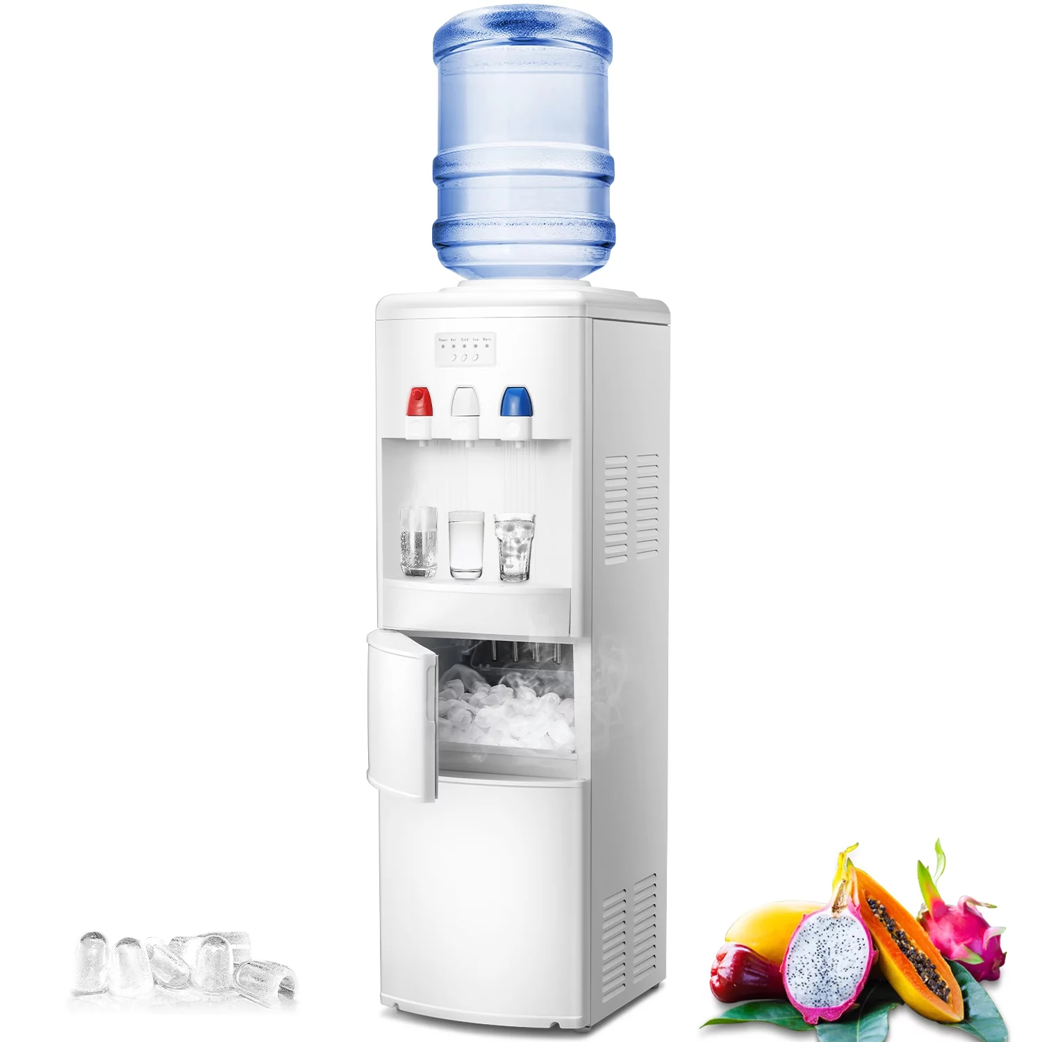 KISSAIR Water Cooler Dispenser with Built-in Ice Maker, Top Loading Water Coolers with 3 Temperature Settings - Hot, Cold & Room Temperature, 27Lbs/24H Ice Maker Machine with Child Safety Lock-White
