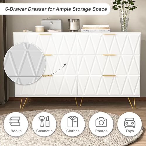 Vibe & Dine White 6 Drawer Dresser for Bedroom, Modern Double Dresser with Gold Handles and Legs, Wood Chest of Drawers with Wide Storage for Closet, Living Room, Hallway