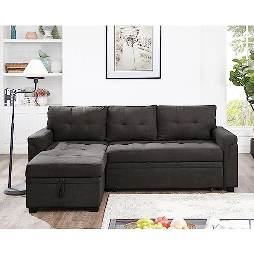 Naomi Home Jenny Sectional Sofa Sleeper with Storage Chaise, Tufted Pull Out Couch with Storage, L-Shaped Reversible Sleeper Sofa with Storage, Black,Air Leather