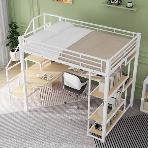 Full Size Metal Loft Bed with Storage Staircase and Small Wardrobe, Built-in Desk and Storage Shelves loft bed with desk and storage (Black)