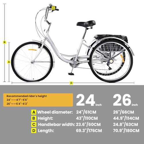 Adults Tricycles 24 & 26 Inch 3 Wheel Bikes for Adults with 7 Speed, Adult Tricycles for Women Men, Dual Chain, Large Rear Basket and Bag, Adult Trikes for Shopping, Beach and City