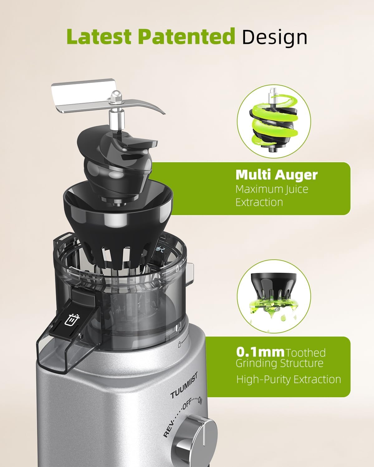 Juicer Machines, TUUMIIST Cold Press Juicer with 4.25'' Large Feed Chute Fit Whole Vegetable And Fruit, Masticating Juicer Easy To Clean, BPA Free(Silvery)