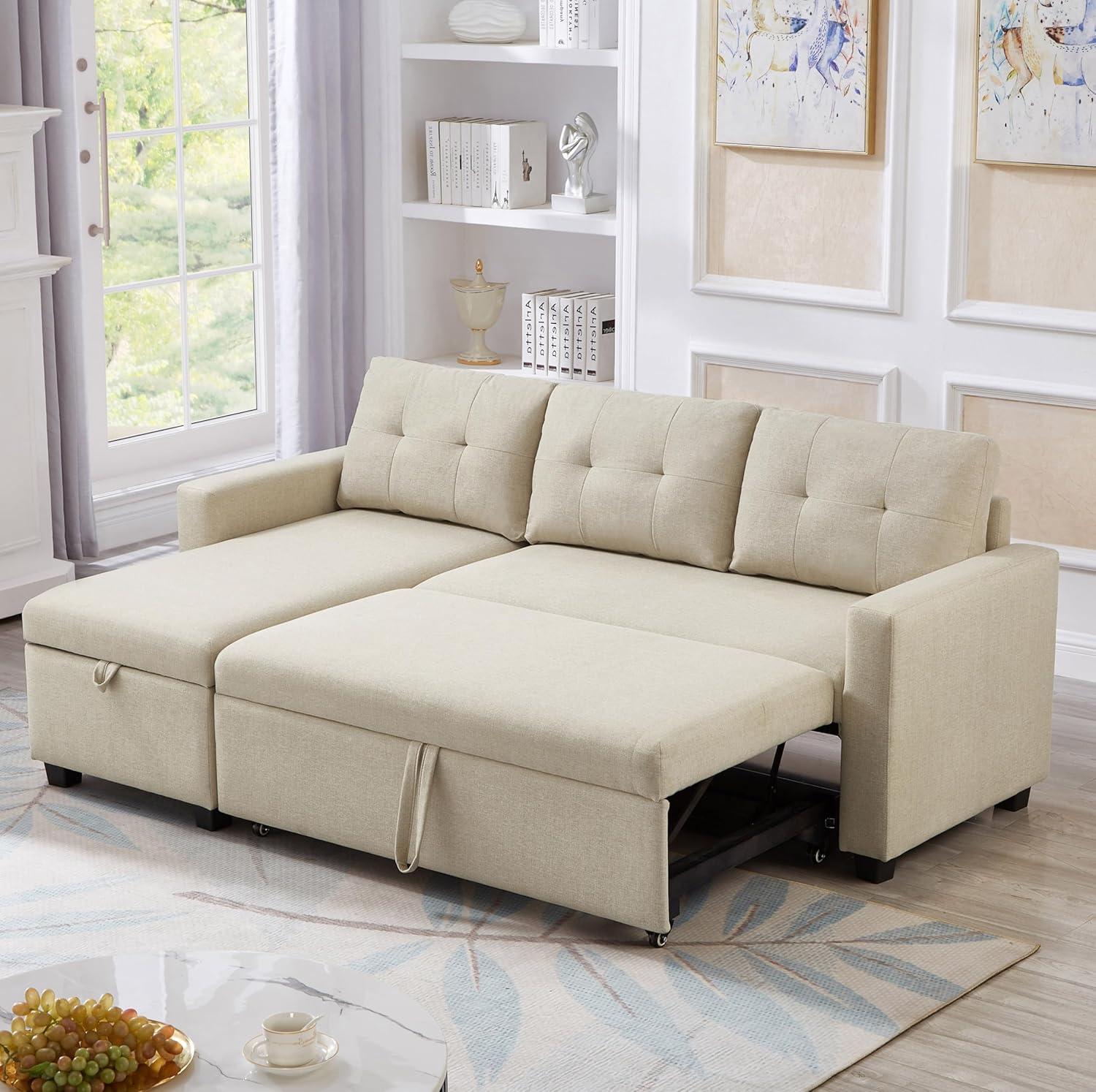 81.5" Convertible Sofa Sectional L-Shape Sleeper Storage Chaise&Pull-Out Bed,Upholstered Reversible Corner Couches for Living Room, Apartment, Small Spaces, Office, Dorm, 81.5inch, Beige
