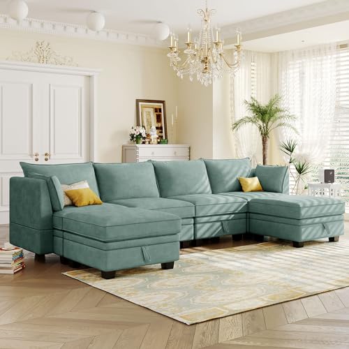 Loveseat U-Shape Sectional, Convertible Bed Chaise for Living Room with Ottomans Reversible Modular Sofa 6 Seater Couch with Storage Seat, Green