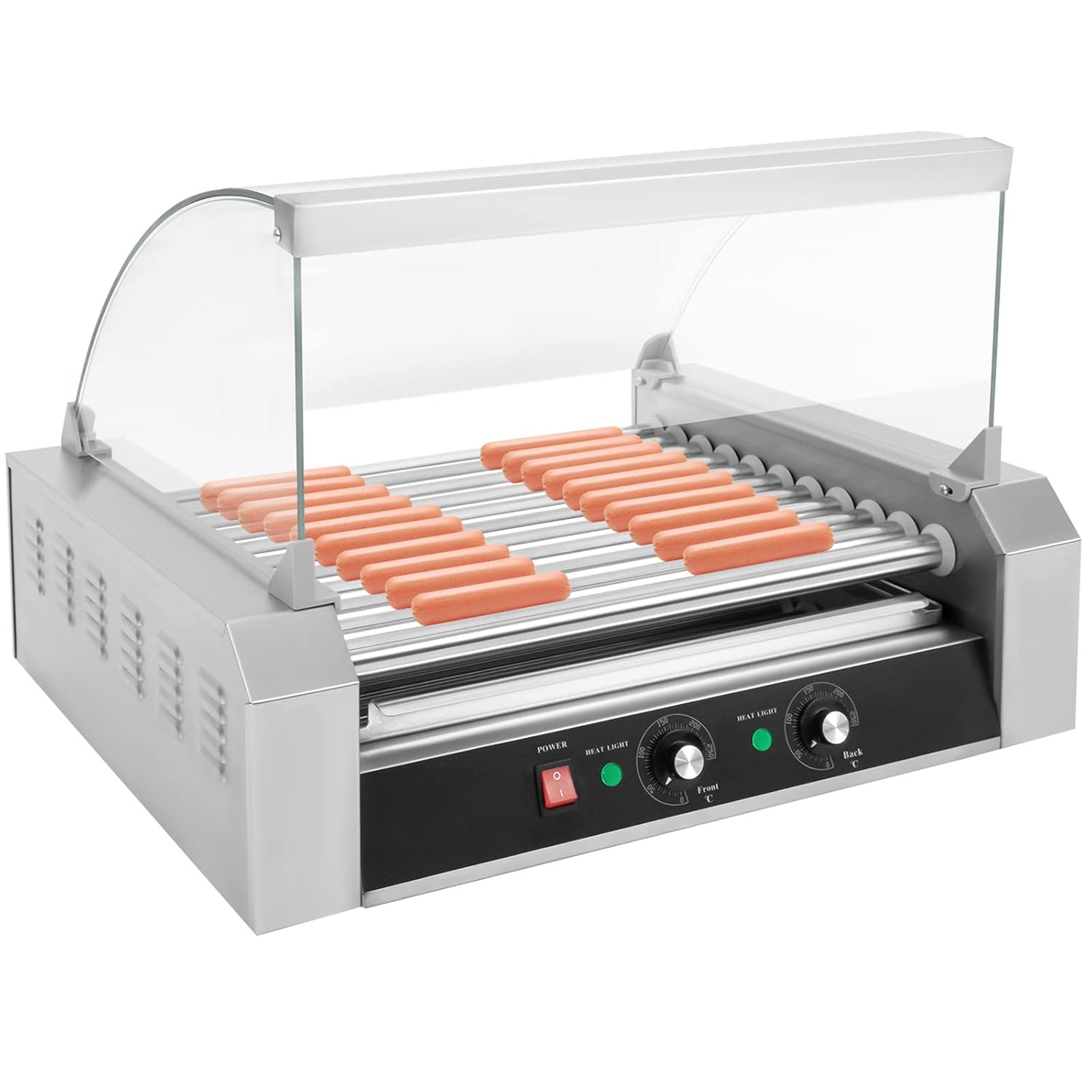 Electric Grill Cooker Machine, 30 Hot Dog 11 Roller with Cover, Commercial Grade, Hot Dog Roller, 1400W Stainless Steel Cook Warmer Machine with Cover & Dual Temp Control, Hot Dog Roller Machine