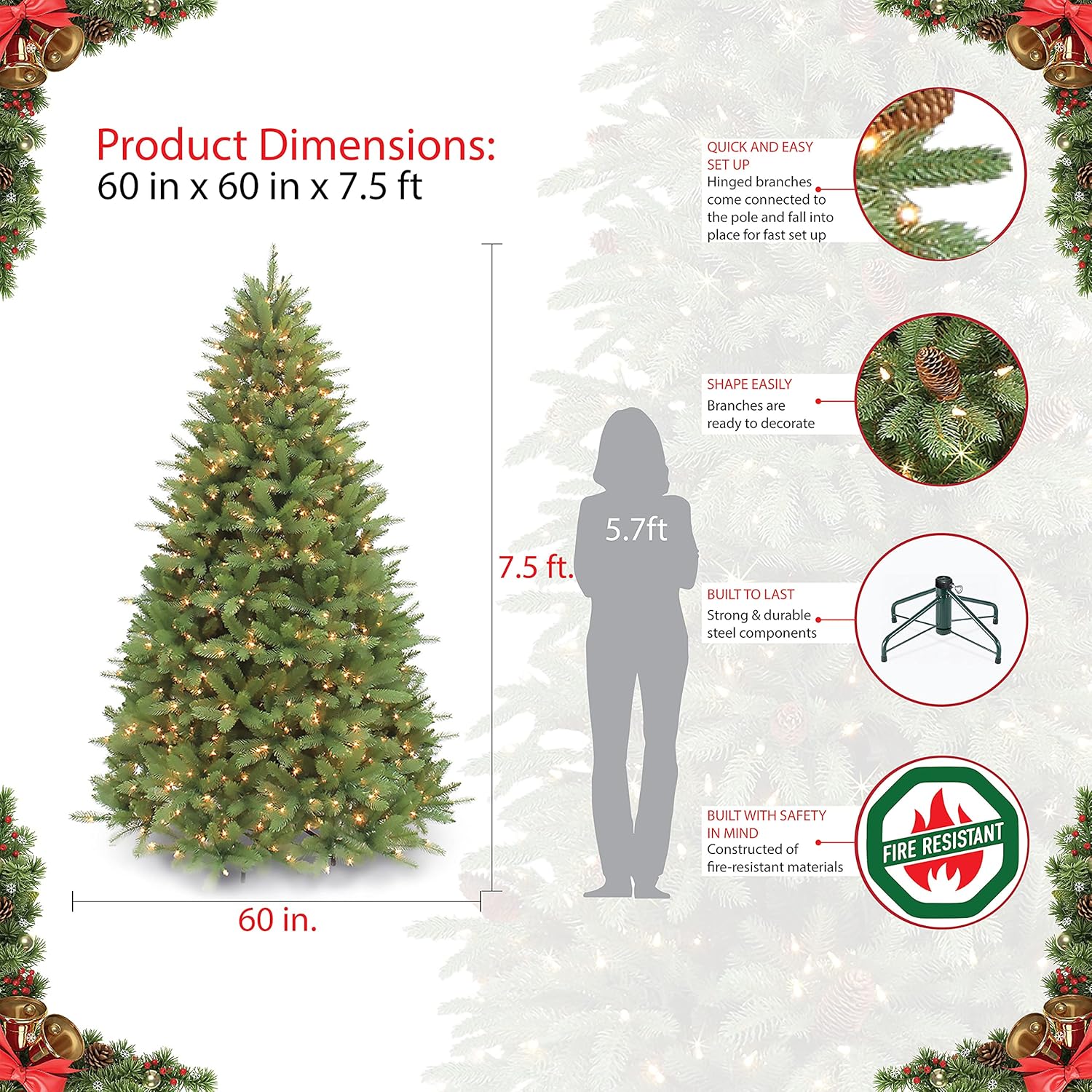 Puleo International 7.5 Foot Pre-Lit Premier Douglas Fir Artificial Christmas Tree with 800 UL Listed Clear Lights, Green