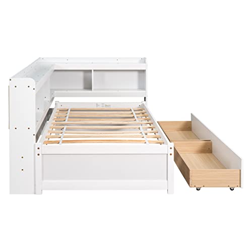 Full Size Platform Bed with Two Storage Drawers and L-Shaped Bookcase, Wooden Captain Bed Frame with Bookcase Headboard, Corner Bed Frame for Bedroom, No Box Spring Needed (Grey)