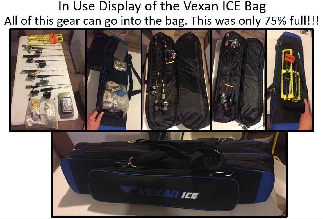 Vexan ICE Fishing Rod & Tackle Bag 36 Soft Case and Multi-Piece Fly Rods Box. Fit up to 36 Rods and Rod Pieces. Blue to match your Clam ICE house