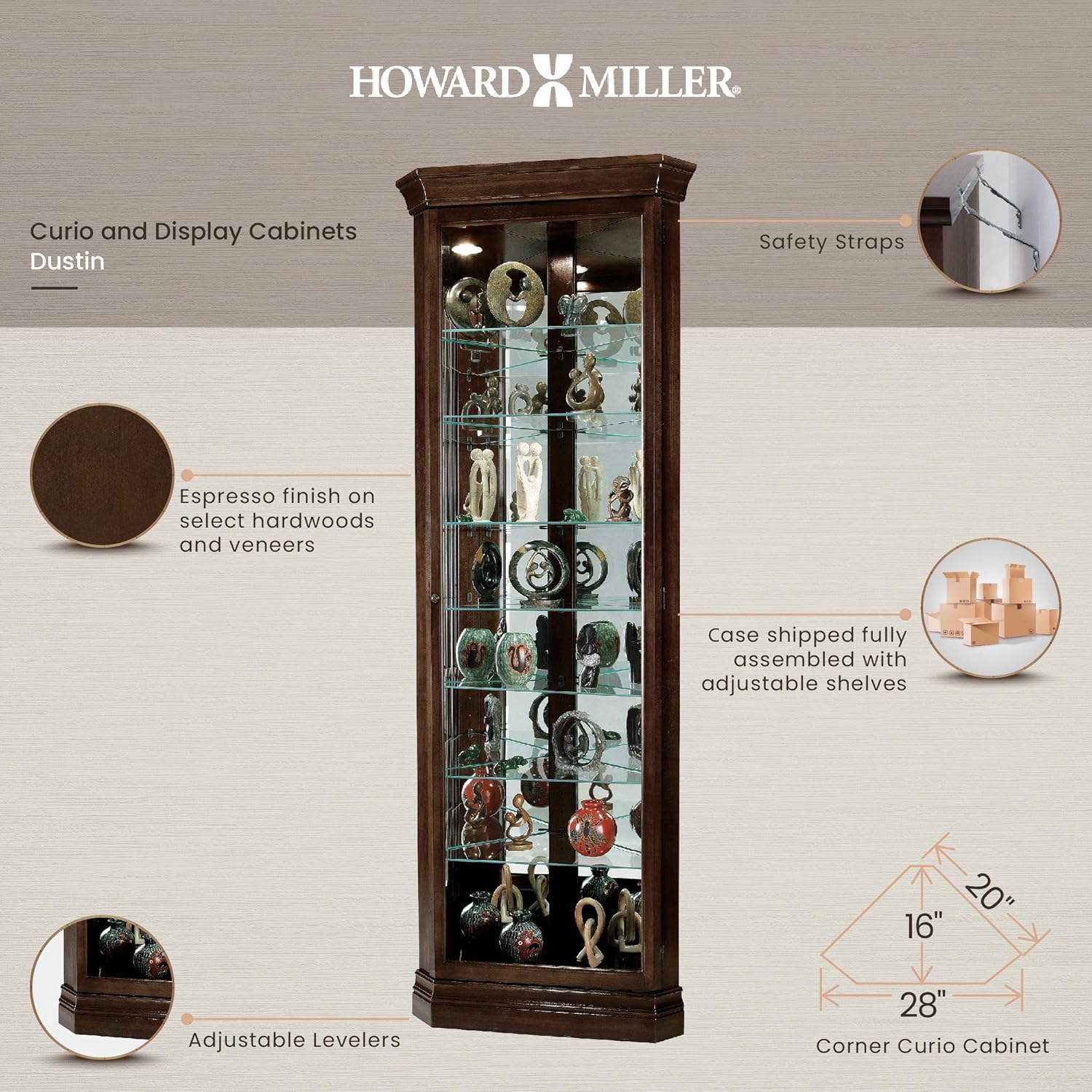 Howard Miller Dustin Curio Cabinet 680-484 �C Espresso Finish, Vertical Home Decor, Seven Glass Shelves, Eight Level Display Case, Locking Door, No Reach Light