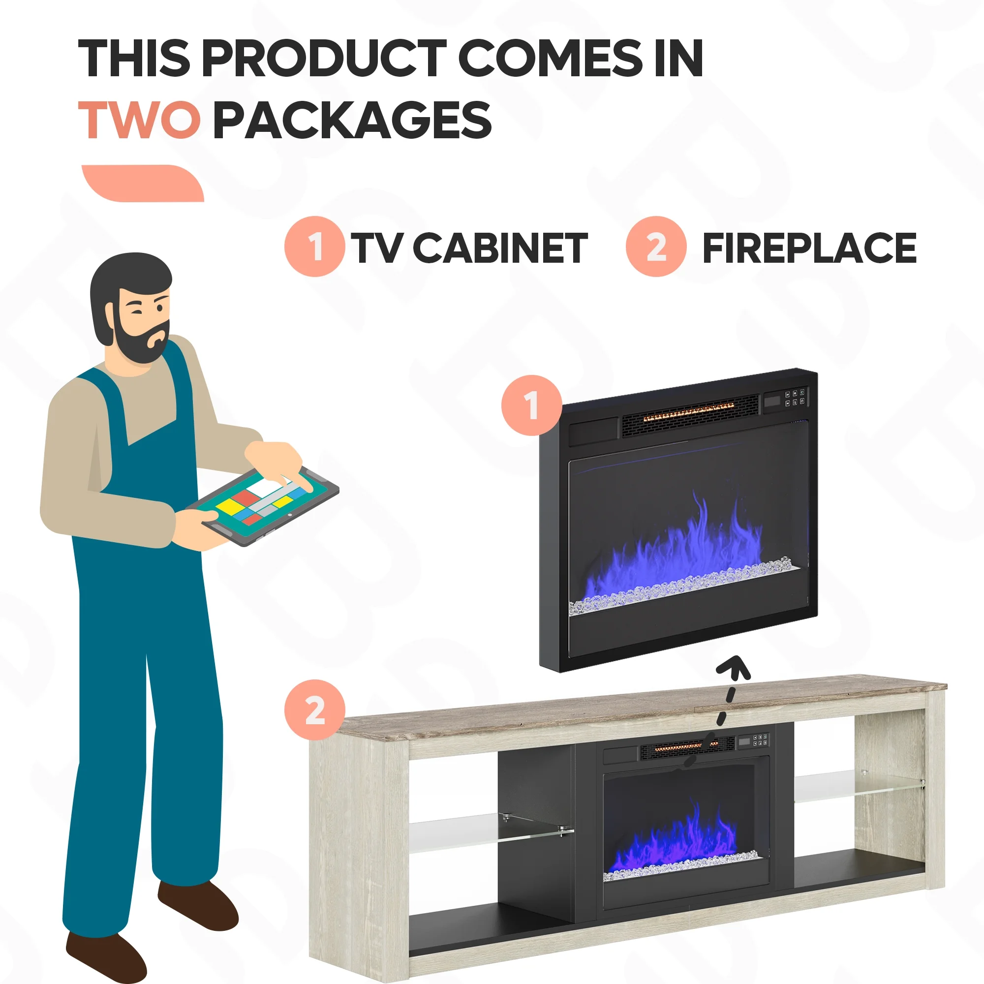 Bestier Modern Electric Fireplace TV Stand for TVs up to 75" with LED Light in Wash White+Grey