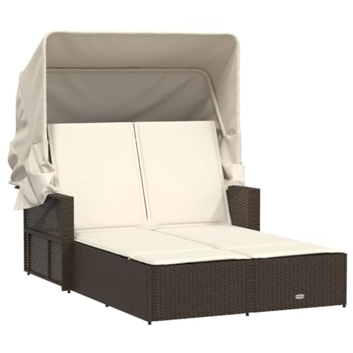Double Sun Lounger with Canopy and Cushions Brown Poly Rattan,Double Sun Lounger with Adjustable Backrest and Retractable Canopy for Enhanced Outdoor Relaxation Sun Loungers, Chaise Lounges, Patio Fur