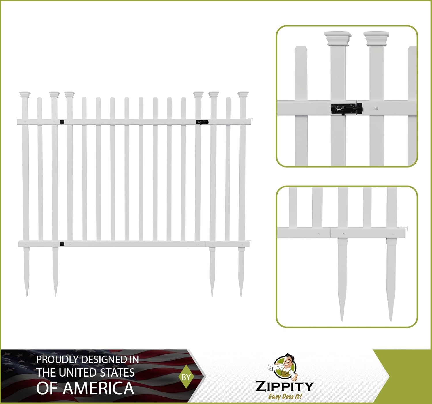 Zippity Burbank Vinyl Picket Fence 44" W x 41" H 2 Pack and Burbank No-Dig White Vinyl Gate Kit 59.7" W x 41.1" H